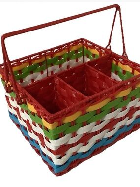 Vtg Multi-colored Woven Plastic Utensils & Napkins Holder With Handle Picnic/BQ